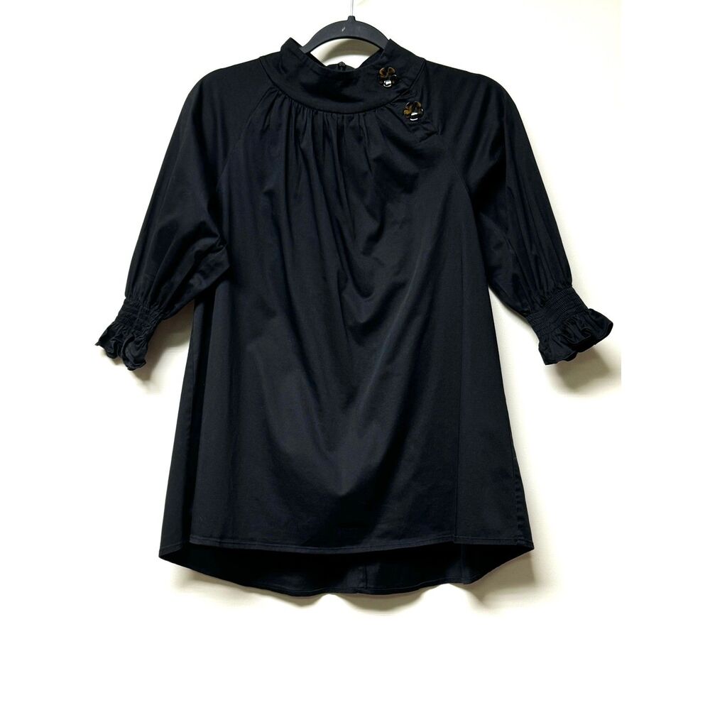 TUCKERNUCK Black High Neck Floral Tortoise Shell Button A-Line Blouse, Sz XS